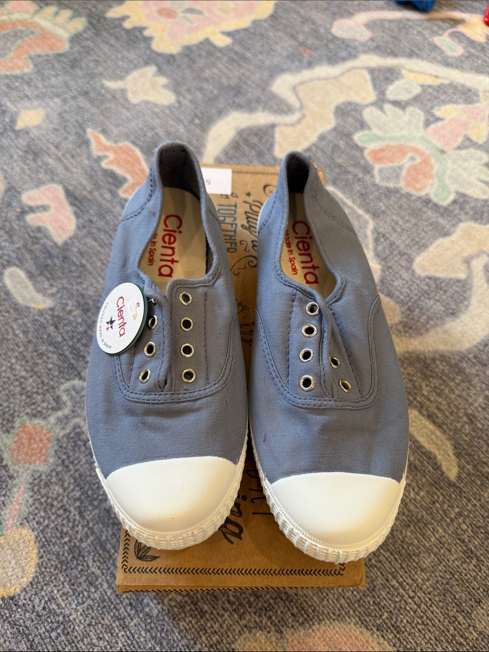Cienta Blue Canvas Slip-On Sneakers with White Toe Caps